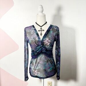 Black Sheer Babydoll Top Womens Small Purple Mesh Long Sleeve Gothic Fairy